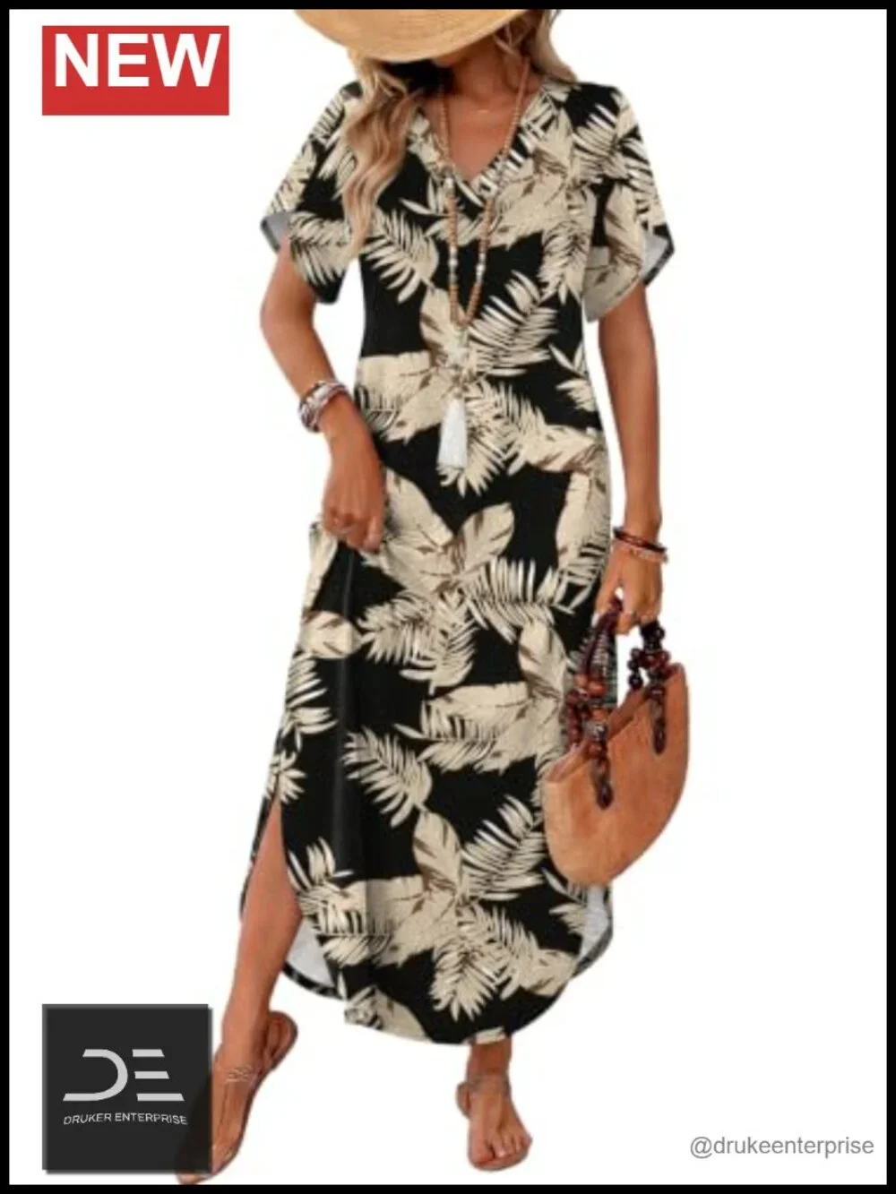 Short Sleeve V Neck Maxi Sundress with Pockets and Side Slit